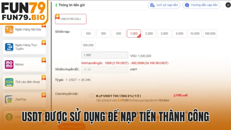 USDT được sử dụng để nạp tiền thành công